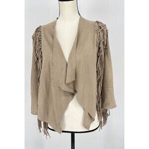 Bershka Cardigan Faux Suede  Cream /Beige ‎ fringe Wester Jacket Outerwear
